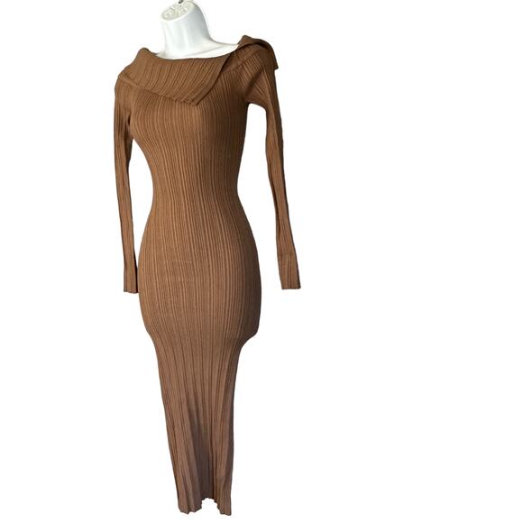 NBD Brown Ribbed Knit Midi Dress XS Off Shoulder Marlow Bodycon Revolve $198 NEW - Picture 6 of 7
